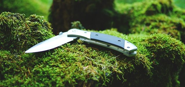 a folding knife on a mossy bark