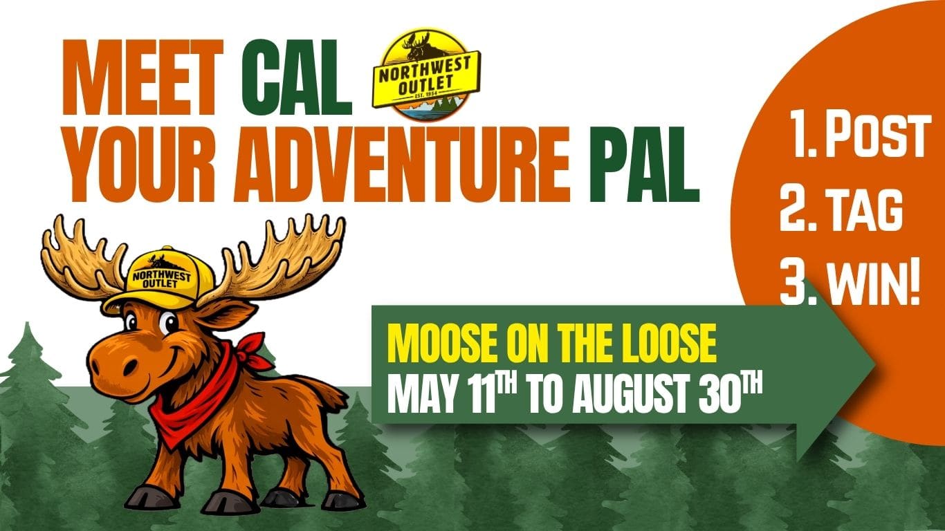 1 This image is a vibrant and playful advertisement featuring a cartoon moose and promotional text. Here's a detailed description: **Appearance, Position, and Actions of Main Objects and People:** * **Cartoon Moose:** The central figure is a cheerful, anthropomorphic moose with large, expressive eyes, a wide smile, and prominent antlers. It's wearing a yellow baseball cap emblazoned with the "Northwest Outlet" logo and a bright red bandana tied around its neck. The moose is standing on all fours, with its body angled slightly to the left, as if walking or posing. Its stance is dynamic and engaging, with one front leg slightly raised. The fur is a warm, rich brown, and the details like its nose, ears, and hooves are clearly defined. * **Text Elements:** * "MEET CAL" is written in large, bold, orange letters across the top left of the image. * "YOUR ADVENTURE PAL" is written below "MEET CAL" in equally large, bold orange letters. * The "Northwest Outlet" logo, a circular emblem with a stylized moose and mountains, is positioned between "CAL" and "YOUR". * A green banner with a pointed arrow shape extends from the bottom right towards the center. Inside this banner, in bright yellow text, are the words "MOOSE ON THE LOOSE". Below this, in white text, is the date range: "MAY 11TH TO AUGUST 30TH". * To the right of the moose and the green banner, a large, curved orange shape acts as a backdrop for a numbered list: "1. POST", "2. TAG", and "3. WIN!". These are written in bold white letters. **Scene Environment, Background, Lighting, and Colors:** * **Background:** The primary background is a clean white, which makes the colorful elements pop. In the lower portion of the image, there's a stylized depiction of dark green pine trees, creating a sense of being in a forest or wilderness setting. * **Lighting:** The lighting appears to be bright and even, typical of graphic design for advertisements. There are no strong shadows, and the colors are saturated, giving the image a cheerful and energetic feel. * **Colors:** The color palette is bold and contrasting. Dominant colors include: * **Orange:** Used for the main text "MEET CAL", "YOUR ADVENTURE PAL", and the large circular element on the right. This color conveys excitement and warmth. * **Green:** Used for the text "CAL" and "PAL" in "MEET CAL YOUR ADVENTURE PAL", the pine trees in the background, and the banner. This color evokes nature and freshness. * **Yellow:** Used for the moose's cap and the text "MOOSE ON THE LOOSE". This adds a bright, attention-grabbing element. * **Red:** Used for the moose's bandana, providing a vibrant accent. * **White:** Used for the numbered list and the date range, offering clear readability against the colored backgrounds. **Composition and Perspective:** * **Composition:** The composition is dynamic and well-balanced. The moose is positioned on the left, drawing the viewer's eye, while the text elements are strategically placed to convey the message. The large orange circle on the right anchors the "how to win" information, creating a visual hierarchy. The green banner with the arrow guides the eye from the promotional message towards the right side of the image. * **Perspective:** The image is presented from a slightly elevated, frontal perspective, allowing the viewer to see the moose clearly and read all the text. It's a graphic design layout rather than a photographic scene, so perspective is used to emphasize the elements of the advertisement. **Overall Atmosphere and Emotional Expression:** The overall atmosphere is overwhelmingly positive, energetic, and inviting. The cartoon style, bright colors, and friendly moose character create a sense of fun and adventure. The "MEET CAL YOUR ADVENTURE PAL" slogan, combined with the "MOOSE ON THE LOOSE" promotion, suggests an exciting outdoor experience or a chance to connect with nature. The clear instructions for winning ("POST, TAG, WIN!") add an element of excitement and anticipation. The image successfully conveys a lighthearted and engaging brand message, encouraging participation and engagement.