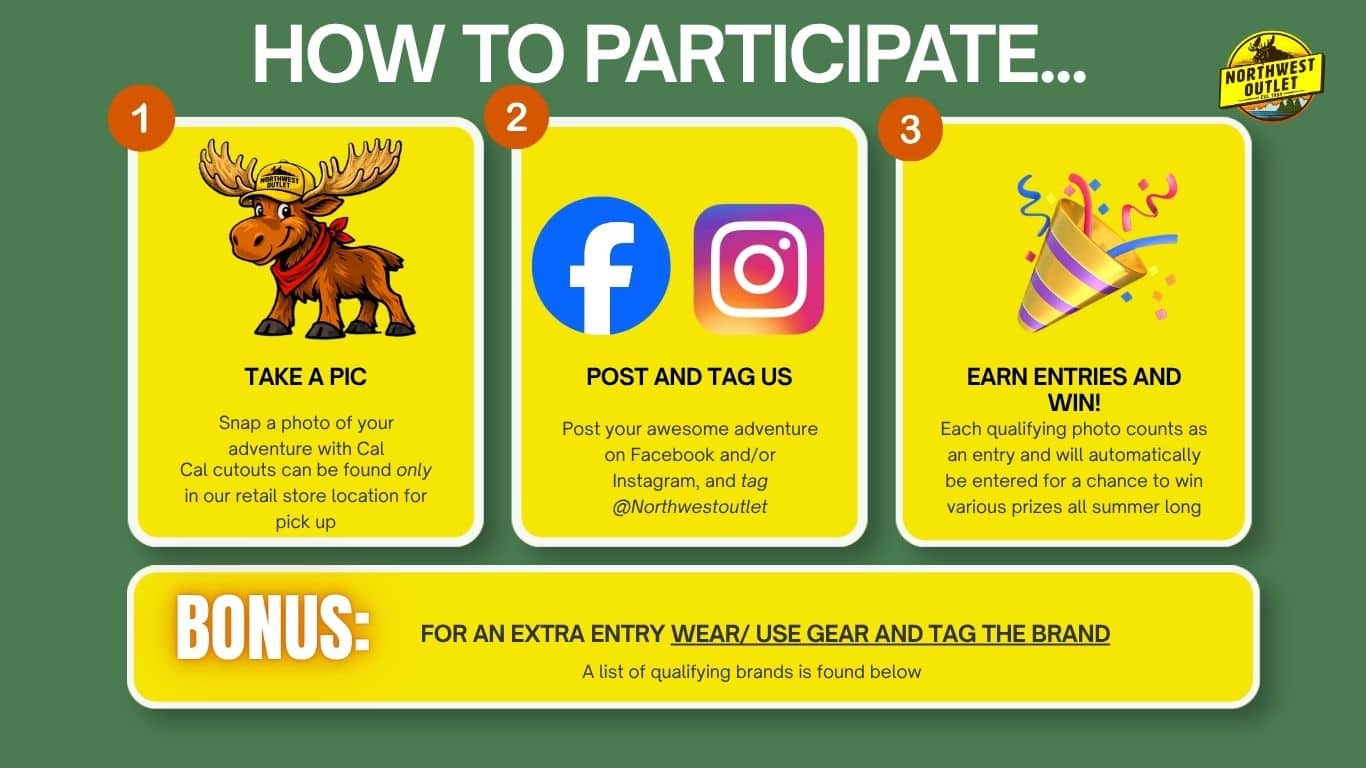 The central focus of the image is a three-step guide to participation, presented in three distinct yellow rectangular panels, each with a large numbered circle in orange. Panel 1 (Left): Features a cartoon illustration of a friendly-looking moose wearing a yellow "Northwest Outlet" baseball cap and a red bandana. The moose is depicted in a playful, slightly alert stance, with its antlers spread wide. The text below the illustration reads "TAKE A PIC" in bold, and then provides instructions on how to do so. Panel 2 (Middle): Displays the distinct logos of Facebook (a blue circle with a white "f") and Instagram (a stylized camera icon with a gradient of pink, orange, and purple). These logos are positioned prominently above the text "POST AND TAG US" in bold. The instructions below detail how to post and tag. Panel 3 (Right): Showcases a festive party popper, depicted as if it has just exploded, with colorful confetti and streamers bursting outwards in blues, purples, pinks, and yellows. This visually represents celebration and winning. Below this illustration, the text reads "EARN ENTRIES AND WIN!" in bold, followed by the rules for earning entries. "BONUS" Section (Bottom): A large, bright yellow rectangular banner runs across the bottom of the image. On the left side, the word "BONUS:" is written in large, bold, white, 3D-style lettering with a subtle yellow outline, making it stand out significantly. To the right of "BONUS:", in smaller, white, bold lettering, is the phrase "FOR AN EXTRA ENTRY WEAR/ USE GEAR AND TAG THE BRAND". Below this, in even smaller white text, is "A list of qualifying brands is found below".