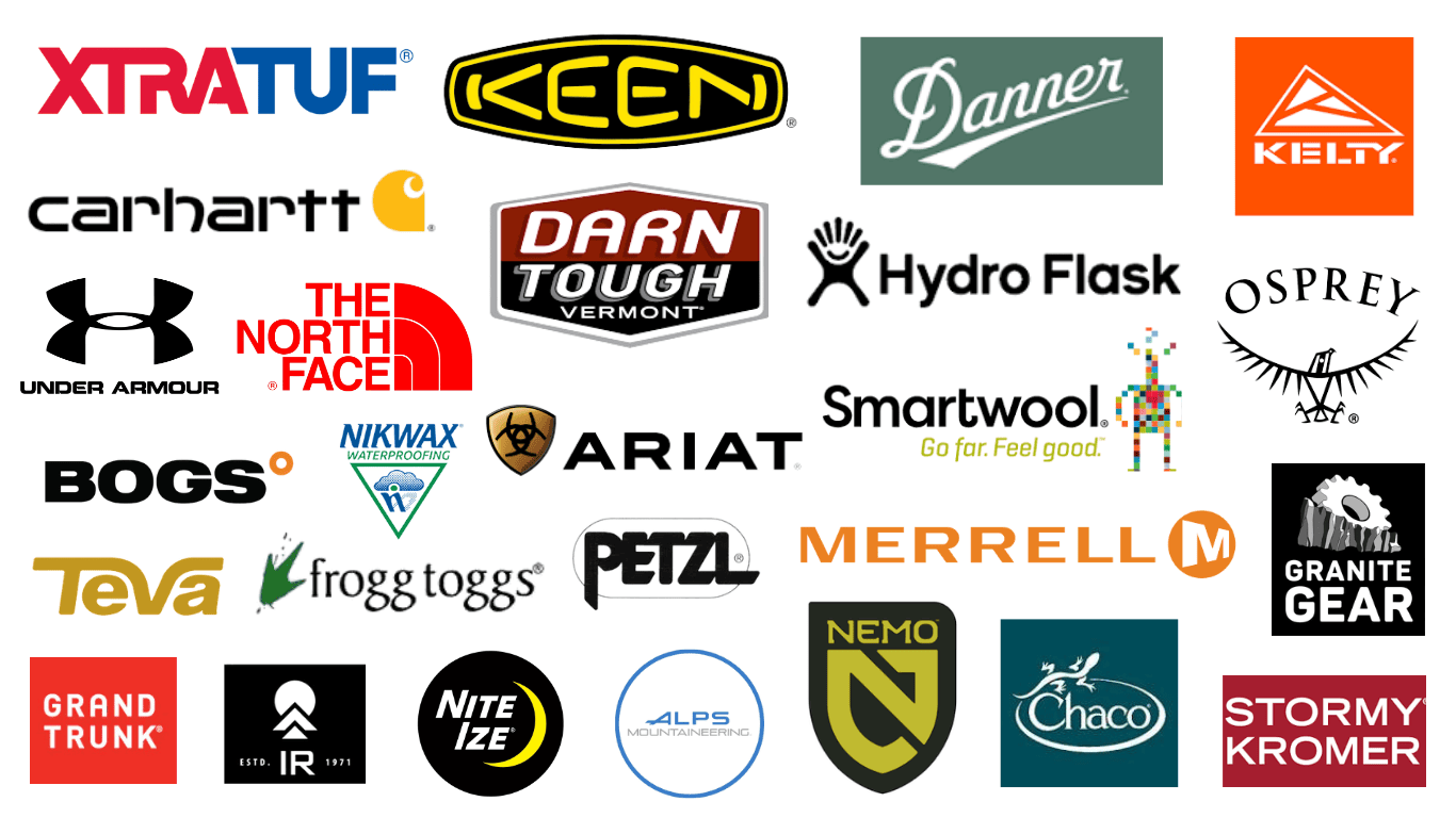 mooseontheloosebrands An image showing the logos of the following brands: XTRATUF, DANNER, KEEN, KELTY, CARHARTT, BOGS, HYDRO FLASK, OSPREY, UNDER ARMOUR, THE NORTH FACE, DARN TOUGH, SMARTWOOL, ARIAT, FROGG TOGGS, TEVA, PETZL, MERRELL, GRANIT GEAR, NIKWAX, GRAND TRUNK, IR, NITE IZE, ALPS MOUNTAINEERING, NEMO, CHACO, STORMY KROMER