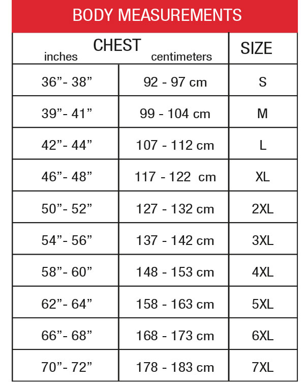 Choko Men's Jacket Size Chart